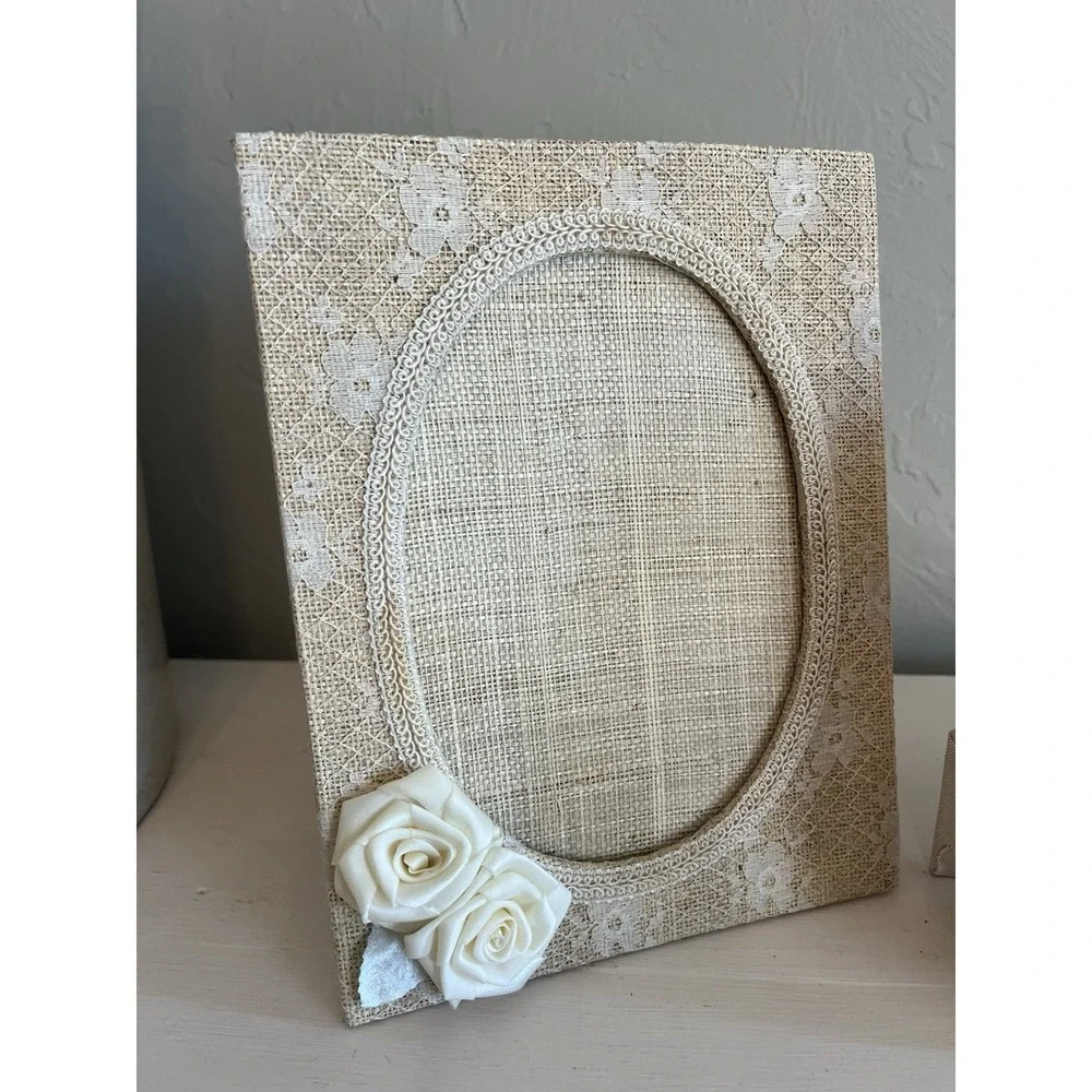 Victorian Shabby Romantic Photo Picture Frame Set Burlap Lace Lenox Porcelain